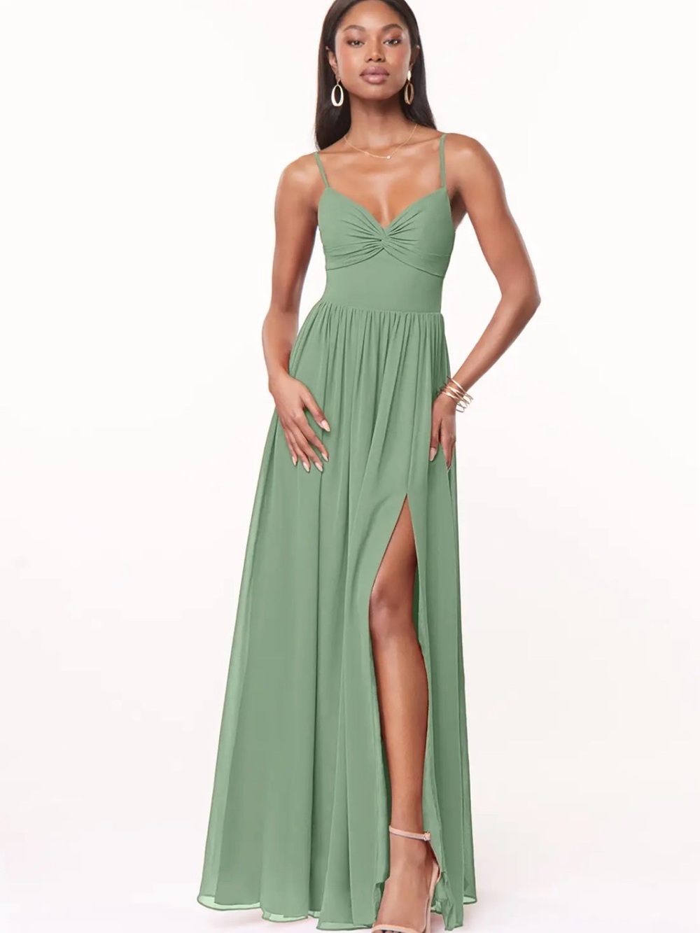 Azazie Matcha Green Spaghetti Strap Maxi Dress with Side Slit